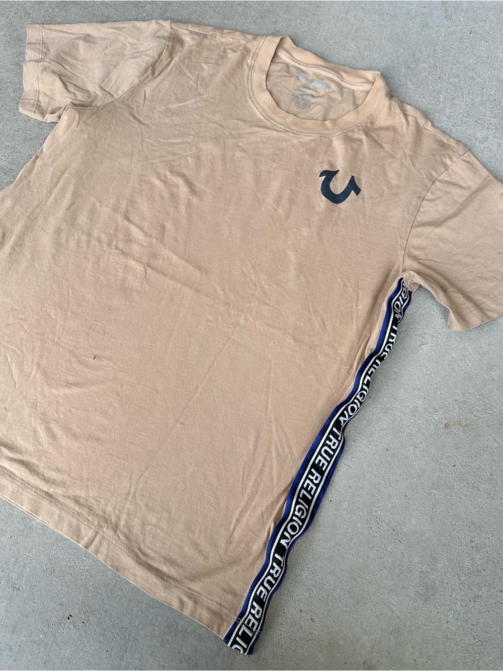True Religion Tan Short Sleeve Tee with Navy Side Tape Logo XL